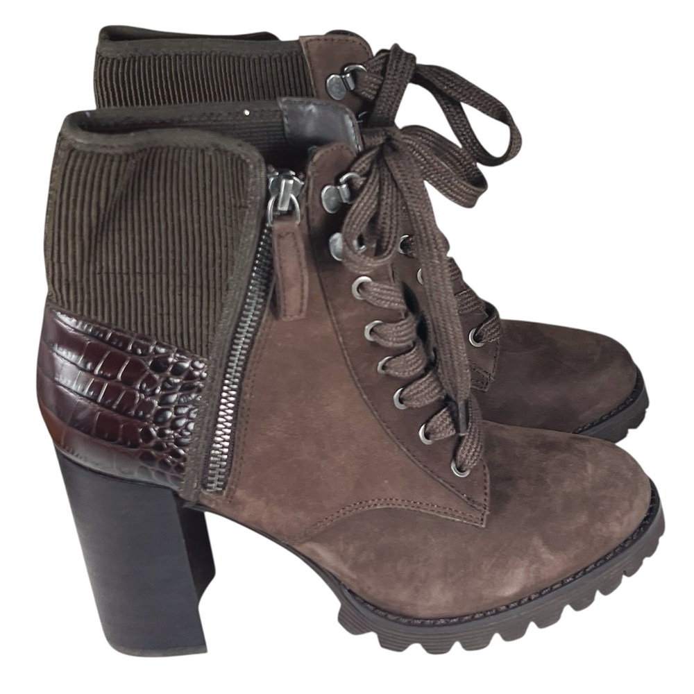 Gibson Latimer Felisa Heeled Combat Boots in Dark Brown Leather,Suede and Fabric